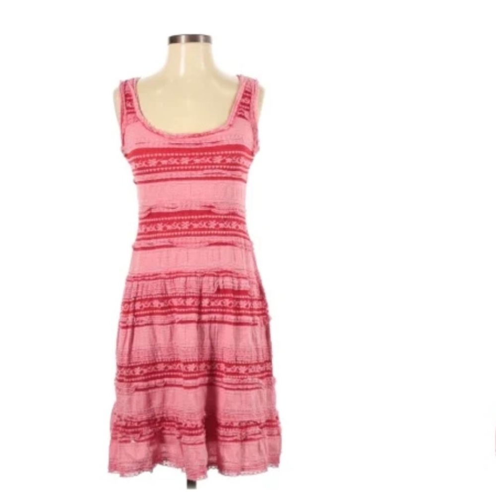 Max Studio Pink, Red & White Lace Overlay Sleeveless Tiered Dress, Small Small